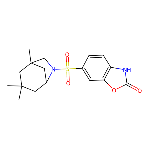 6-[(3,3,5-trimethyl-7-azabicyclo[3.2.1]octan-7-yl)sulfonyl]-3H-1,3-benzoxazol-2-one structure
