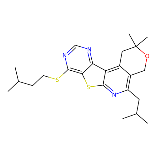 2,2-dimethyl-8-[(3-methylbutyl)sulfanyl]-5-(2-methylpropyl)-1,4-dihydro-2H-pyrano[4'',3'':4',5']pyrido[3',2':4,5]thieno[3,2-d]pyrimidine structure