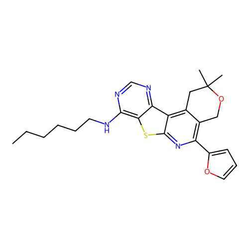 5-(furan-2-yl)-N-hexyl-2,2-dimethyl-1,4-dihydro-2H-pyrano[4'',3'':4',5']pyrido[3',2':4,5]thieno[3,2-d]pyrimidin-8-amine structure