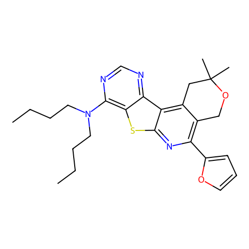 N,N-dibutyl-5-(2-furyl)-2,2-dimethyl-1,4-dihydro-2H-pyrano[4'',3'':4',5']pyrido[3',2':4,5]thieno[3,2-d]pyrimidin-8-amine structure