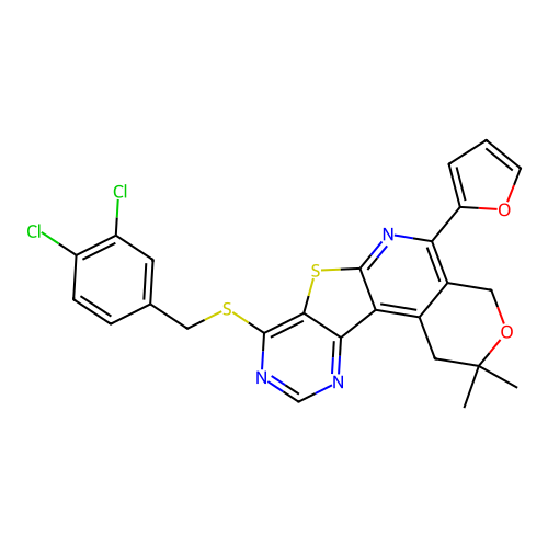 8-((3,4-dichlorobenzyl)thio)-5-(furan-2-yl)-2,2-dimethyl-2,4-dihydro-1H-pyrano[4'',3'':4',5']pyrido[3',2':4,5]thieno[3,2-d]pyrimidine structure