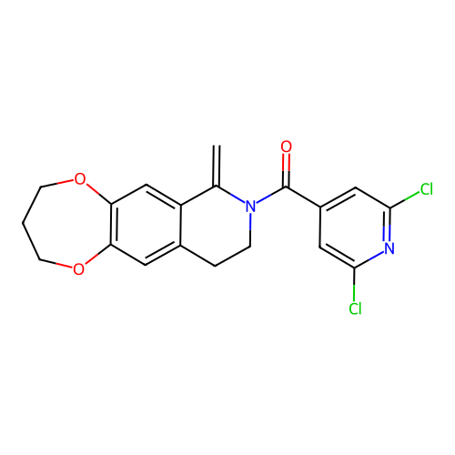 (2,6-dichloropyridin-4-yl)(7-methylene-3,4,9,10-tetrahydro-2H-[1,4]dioxepino[2,3-g]isoquinolin-8(7H)-yl)methanone structure