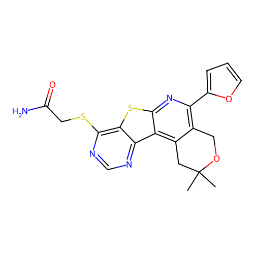 2-((5-(furan-2-yl)-2,2-dimethyl-2,4-dihydro-1H-pyrano[4'',3'':4',5']pyrido[3',2':4,5]thieno[3,2-d]pyrimidin-8-yl)thio)acetamide structure