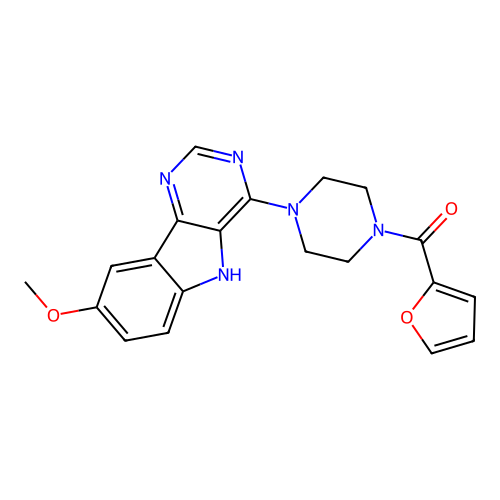 furan-2-yl(4-(8-methoxy-5H-pyrimido[5,4-b]indol-4-yl)piperazin-1-yl)methanone structure