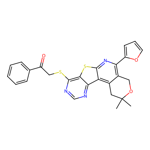 2-((5-(furan-2-yl)-2,2-dimethyl-2,4-dihydro-1H-pyrano[4'',3'':4',5']pyrido[3',2':4,5]thieno[3,2-d]pyrimidin-8-yl)thio)-1-phenylethanone structure