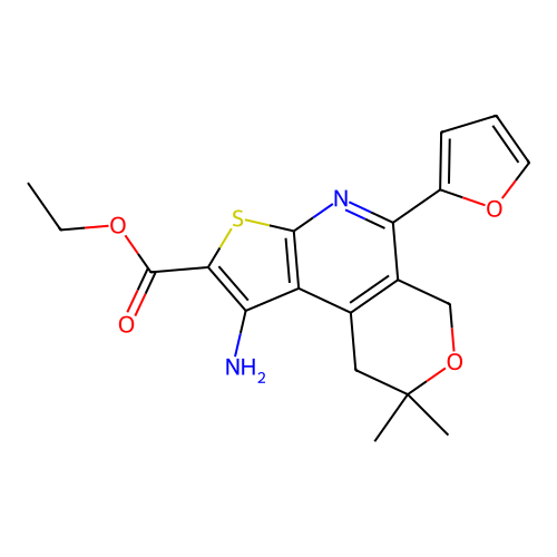 ethyl 1-amino-5-(furan-2-yl)-8,8-dimethyl-8,9-dihydro-6H-pyrano[4,3-d]thieno[2,3-b]pyridine-2-carboxylate structure