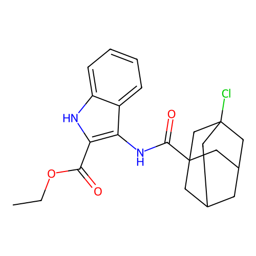 ethyl 3-((1r,3s,5R,7S)-3-chloroadamantane-1-carboxamido)-1H-indole-2-carboxylate structure