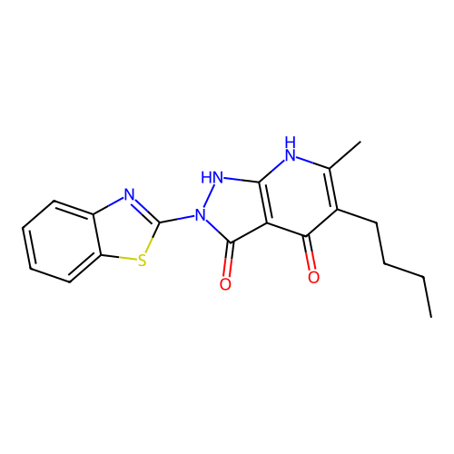 2-(benzo[d]thiazol-2-yl)-5-butyl-6-methyl-1H-pyrazolo[3,4-b]pyridine-3,4(2H,7H)-dione structure