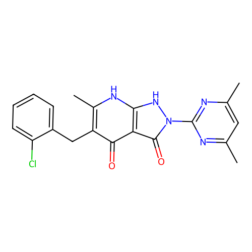 5-(2-chlorobenzyl)-2-(4,6-dimethylpyrimidin-2-yl)-6-methyl-1H-pyrazolo[3,4-b]pyridine-3,4(2H,7H)-dione structure