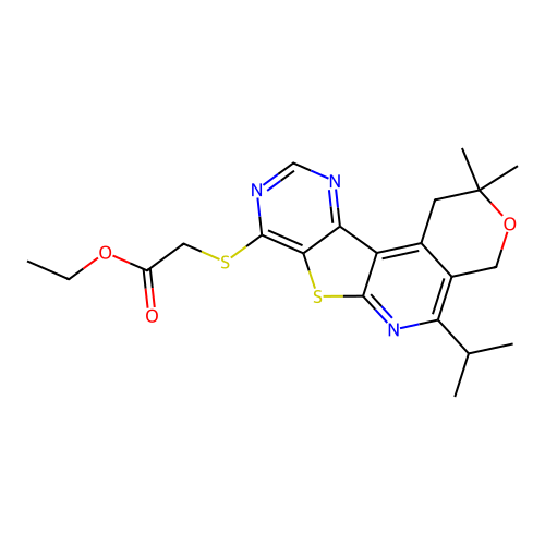 ethyl {[2,2-dimethyl-5-(propan-2-yl)-1,4-dihydro-2H-pyrano[4'',3'':4',5']pyrido[3',2':4,5]thieno[3,2-d]pyrimidin-8-yl]sulfanyl}acetate structure