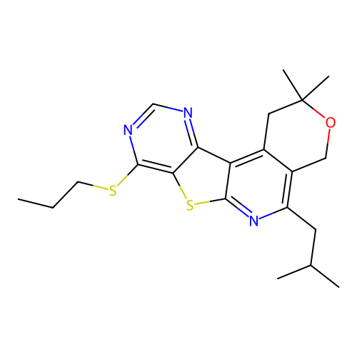 2,2-dimethyl-5-(2-methylpropyl)-8-(propylsulfanyl)-1,4-dihydro-2H-pyrano[4'',3'':4',5']pyrido[3',2':4,5]thieno[3,2-d]pyrimidine structure