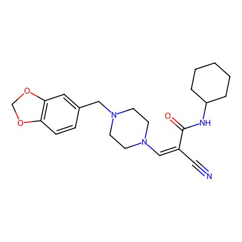 (Z)-3-(4-(benzo[d][1,3]dioxol-5-ylmethyl)piperazin-1-yl)-2-cyano-N-cyclohexylacrylamide structure