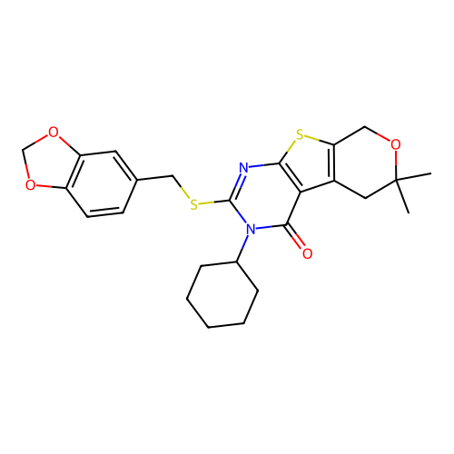 2-((benzo[d][1,3]dioxol-5-ylmethyl)thio)-3-cyclohexyl-6,6-dimethyl-5,6-dihydro-3H-pyrano[4',3':4,5]thieno[2,3-d]pyrimidin-4(8H)-one structure