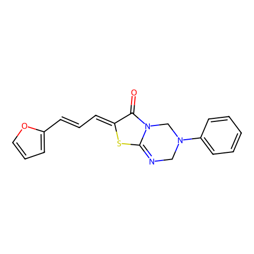 (7Z)-7-[(2E)-3-(furan-2-yl)prop-2-en-1-ylidene]-3-phenyl-3,4-dihydro-2H-[1,3]thiazolo[3,2-a][1,3,5]triazin-6(7H)-one structure