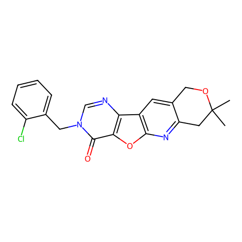 3-(2-chlorobenzyl)-8,8-dimethyl-7,10-dihydro-8H-pyrano[3'',4'':5',6']pyrido[3',2':4,5]furo[3,2-d]pyrimidin-4(3H)-one structure