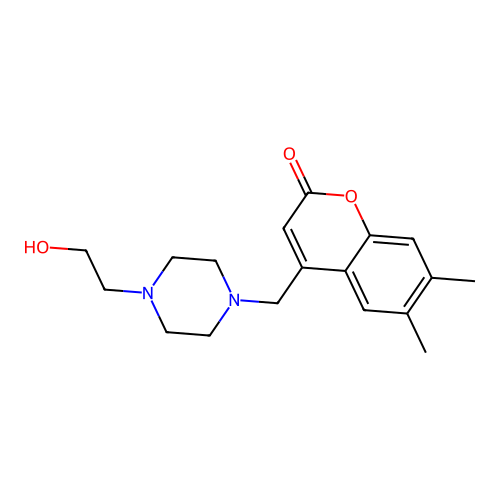4-((4-(2-hydroxyethyl)piperazin-1-yl)methyl)-6,7-dimethyl-2H-chromen-2-one structure
