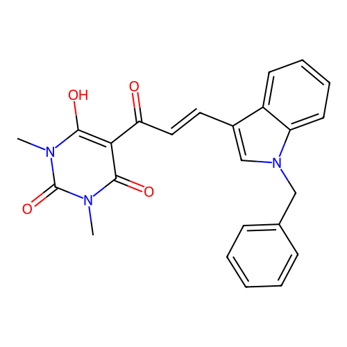 5-[(E)-3-(1-benzylindol-3-yl)prop-2-enoyl]-6-hydroxy-1,3-dimethylpyrimidine-2,4-dione structure