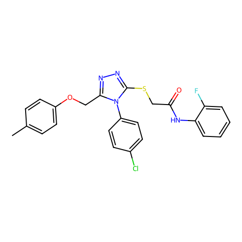 2-((4-(4-chlorophenyl)-5-((p-tolyloxy)methyl)-4H-1,2,4-triazol-3-yl)thio)-N-(2-fluorophenyl)acetamide structure