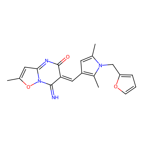 (6Z)-6-[[1-(furan-2-ylmethyl)-2,5-dimethylpyrrol-3-yl]methylidene]-7-imino-2-methyl-[1,2]oxazolo[2,3-a]pyrimidin-5-one structure