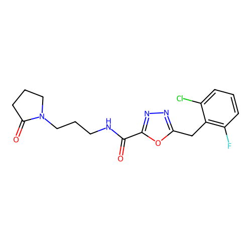 5-[(2-chloro-6-fluorophenyl)methyl]-N-[3-(2-oxopyrrolidin-1-yl)propyl]-1,3,4-oxadiazole-2-carboxamide structure