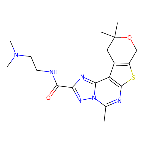 N-(2-(dimethylamino)ethyl)-5,10,10-trimethyl-10,11-dihydro-8H-pyrano[4',3':4,5]thieno[3,2-e][1,2,4]triazolo[1,5-c]pyrimidine-2-carboxamide structure