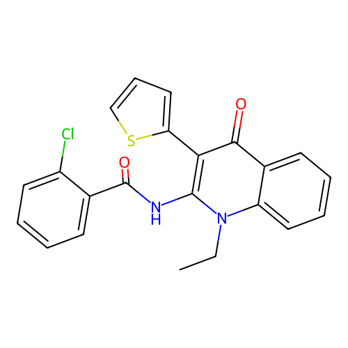 2-chloro-N-(1-ethyl-4-oxo-3-(thiophen-2-yl)-1,4-dihydroquinolin-2-yl)benzamide structure