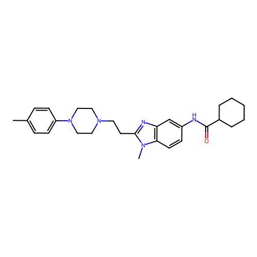 N-(1-methyl-2-(2-(4-(p-tolyl)piperazin-1-yl)ethyl)-1H-benzo[d]imidazol-5-yl)cyclohexanecarboxamide structure