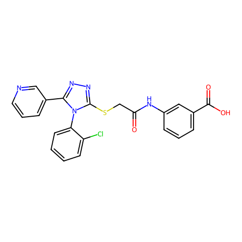 3-[({[4-(2-chlorophenyl)-5-(pyridin-3-yl)-4H-1,2,4-triazol-3-yl]sulfanyl}acetyl)amino]benzoic acid structure