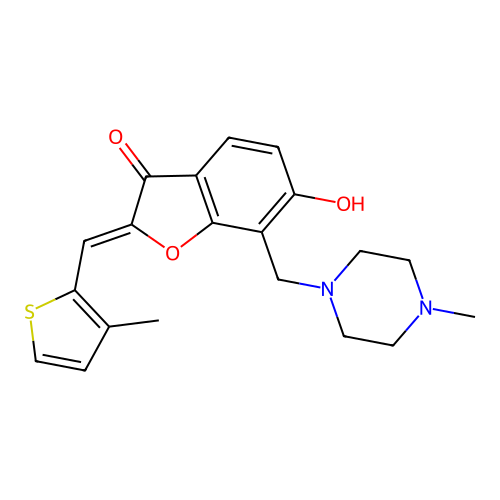 (2Z)-6-hydroxy-7-[(4-methylpiperazin-1-yl)methyl]-2-[(3-methylthiophen-2-yl)methylidene]-2,3-dihydro-1-benzofuran-3-one structure