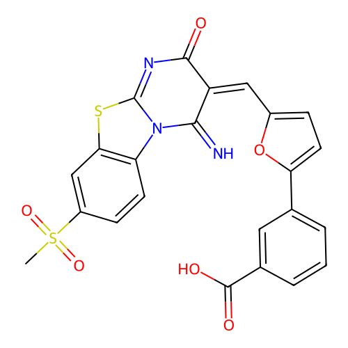 (E)-3-(5-((4-imino-8-(methylsulfonyl)-2-oxo-2H-benzo[4,5]thiazolo[3,2-a]pyrimidin-3(4H)-ylidene)methyl)furan-2-yl)benzoic acid structure