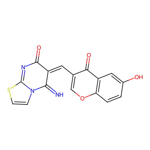 (6E)-6-[(6-hydroxy-4-oxochromen-3-yl)methylidene]-5-imino-[1,3]thiazolo[3,2-a]pyrimidin-7-one structure