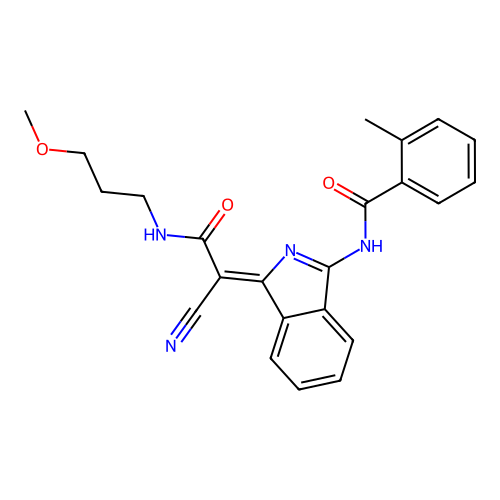 (Z)-N-(1-(1-cyano-2-((3-methoxypropyl)amino)-2-oxoethylidene)-1H-isoindol-3-yl)-2-methylbenzamide structure