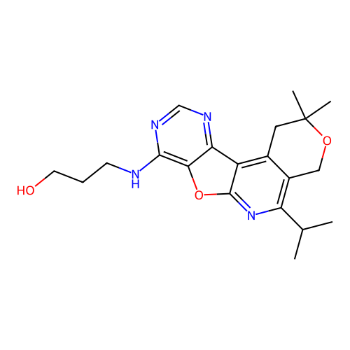 3-((5-isopropyl-2,2-dimethyl-2,4-dihydro-1H-pyrano[4'',3'':4',5']pyrido[3',2':4,5]furo[3,2-d]pyrimidin-8-yl)amino)propan-1-ol structure