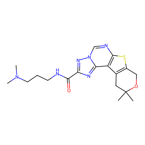 N-(3-(dimethylamino)propyl)-10,10-dimethyl-10,11-dihydro-8H-pyrano[4',3':4,5]thieno[3,2-e][1,2,4]triazolo[1,5-c]pyrimidine-2-carboxamide structure