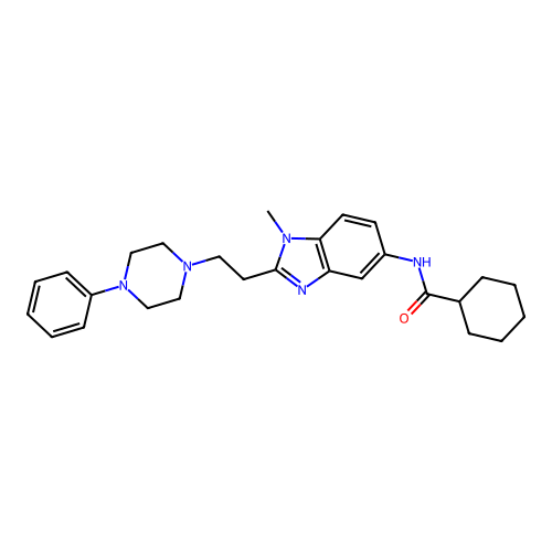 N-[1-methyl-2-[2-(4-phenylpiperazin-1-yl)ethyl]benzimidazol-5-yl]cyclohexanecarboxamide structure