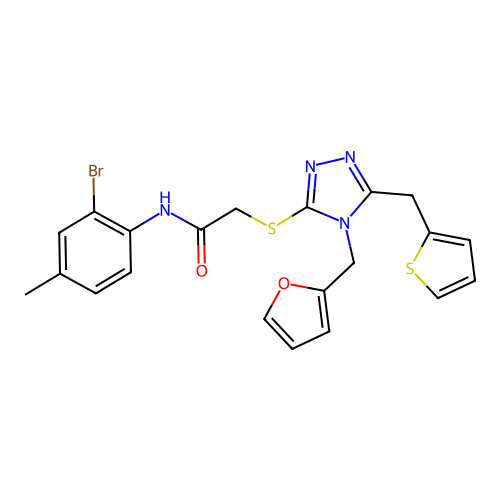 N-(2-bromo-4-methylphenyl)-2-((4-(furan-2-ylmethyl)-5-(thiophen-2-ylmethyl)-4H-1,2,4-triazol-3-yl)thio)acetamide structure