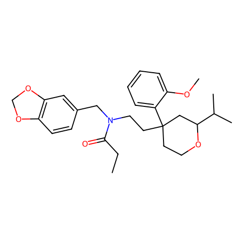 N-(1,3-benzodioxol-5-ylmethyl)-N-[2-[4-(2-methoxyphenyl)-2-propan-2-yloxan-4-yl]ethyl]propanamide structure