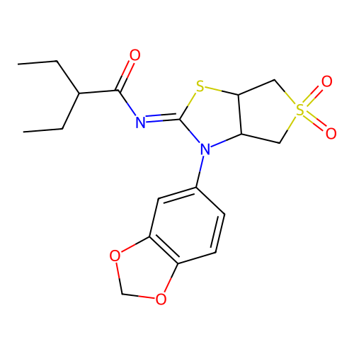 N-[(2Z)-3-(1,3-benzodioxol-5-yl)-5,5-dioxidotetrahydrothieno[3,4-d][1,3]thiazol-2(3H)-ylidene]-2-ethylbutanamide structure