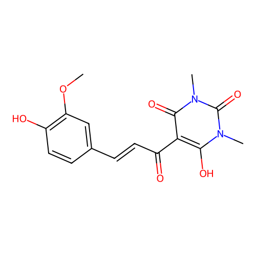 (E)-6-hydroxy-5-(3-(4-hydroxy-3-methoxyphenyl)acryloyl)-1,3-dimethylpyrimidine-2,4(1H,3H)-dione structure