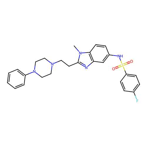 4-fluoro-N-{1-methyl-2-[2-(4-phenylpiperazin-1-yl)ethyl]-1H-benzimidazol-5-yl}benzenesulfonamide structure