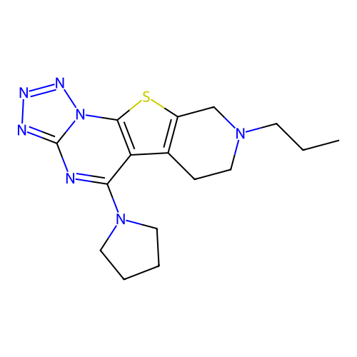 8-propyl-5-(pyrrolidin-1-yl)-6,7,8,9-tetrahydropyrido[4',3':4,5]thieno[3,2-e]tetrazolo[1,5-a]pyrimidine structure