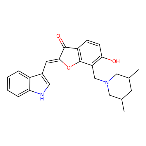 (2Z)-7-[(3,5-dimethylpiperidin-1-yl)methyl]-6-hydroxy-2-(1H-indol-3-ylmethylidene)-1-benzofuran-3(2H)-one structure