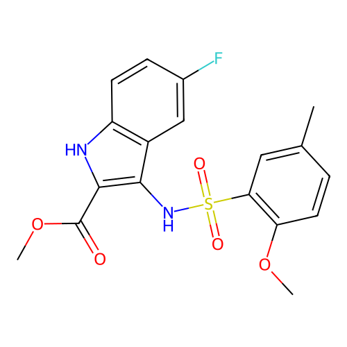 methyl 5-fluoro-3-(2-methoxy-5-methylphenylsulfonamido)-1H-indole-2-carboxylate structure