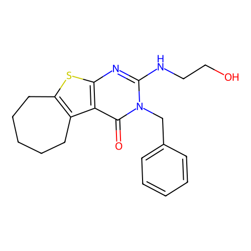 3-benzyl-2-((2-hydroxyethyl)amino)-6,7,8,9-tetrahydro-3H-cyclohepta[4,5]thieno[2,3-d]pyrimidin-4(5H)-one structure