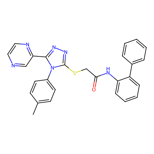 2-[[4-(4-methylphenyl)-5-pyrazin-2-yl-1,2,4-triazol-3-yl]sulfanyl]-N-(2-phenylphenyl)acetamide structure