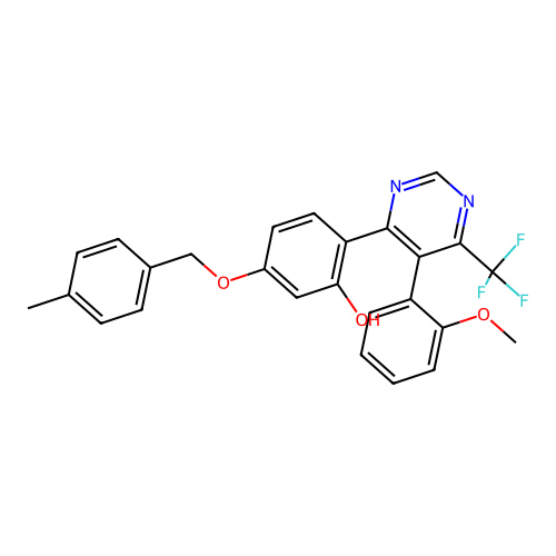 2-[5-(2-methoxyphenyl)-6-(trifluoromethyl)-4-pyrimidinyl]-5-[(4-methylbenzyl)oxy]phenol structure