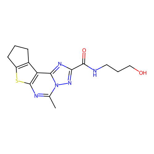 N-(3-hydroxypropyl)-5-methyl-9,10-dihydro-8H-cyclopenta[4,5]thieno[3,2-e][1,2,4]triazolo[1,5-c]pyrimidine-2-carboxamide structure
