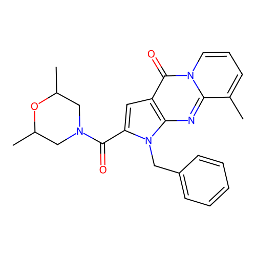 1-benzyl-2-(2,6-dimethylmorpholine-4-carbonyl)-9-methylpyrido[1,2-a]pyrrolo[2,3-d]pyrimidin-4(1H)-one structure