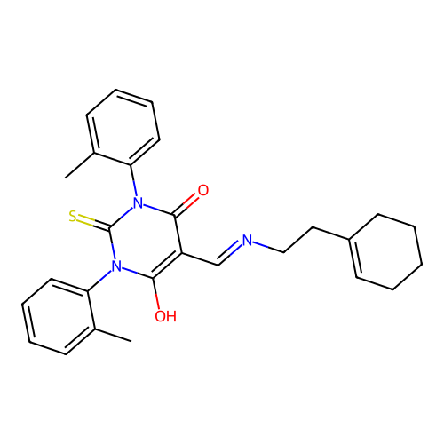 5-(((2-(cyclohex-1-en-1-yl)ethyl)amino)methylene)-2-thioxo-1,3-di-o-tolyldihydropyrimidine-4,6(1H,5H)-dione structure