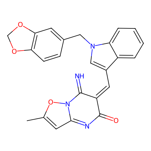 (6E)-6-[[1-(1,3-benzodioxol-5-ylmethyl)indol-3-yl]methylidene]-7-imino-2-methyl-[1,2]oxazolo[2,3-a]pyrimidin-5-one structure